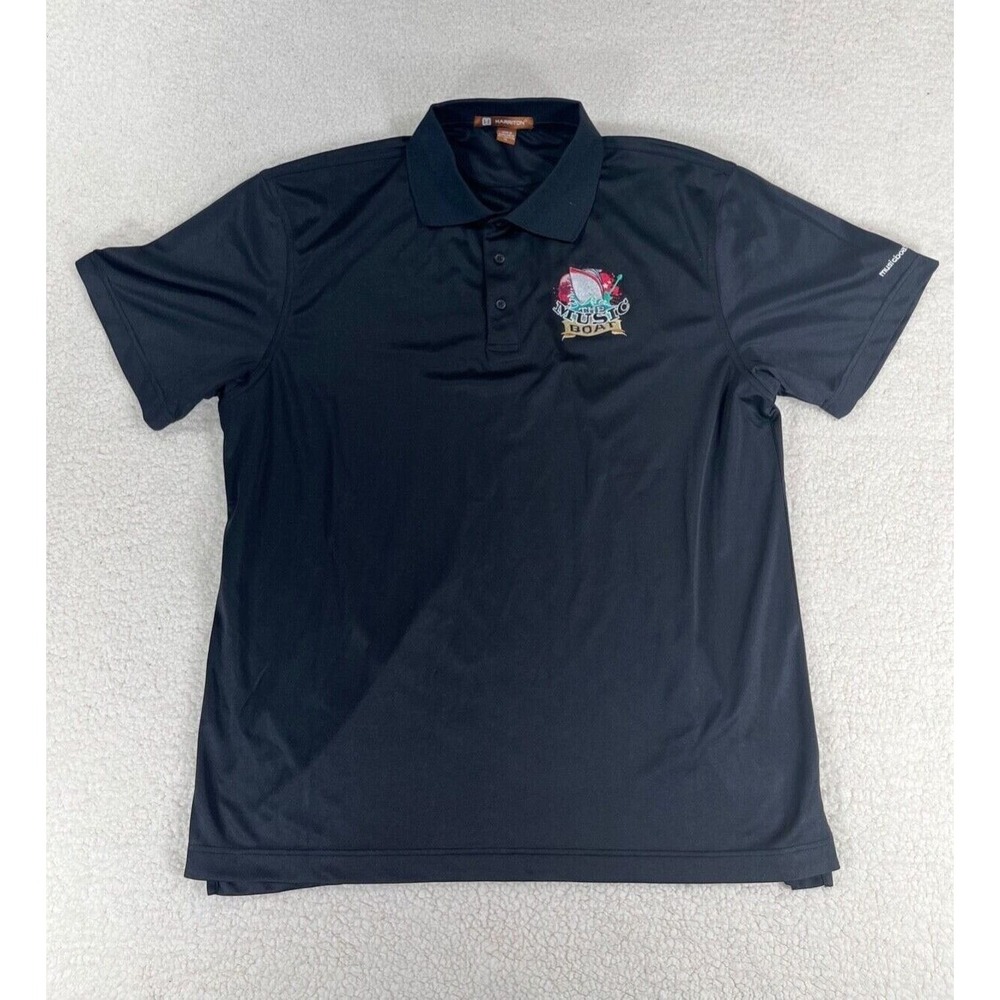 Harriton Men's Sz XL‎ Black Short Sleeve Collared The Music Boat Logo Polo shirt